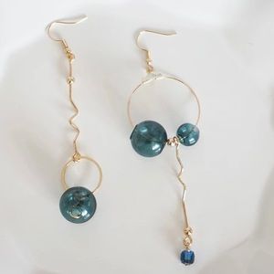 Asymmetrical blue sphere earrings celestial gold green glass golden bohemian